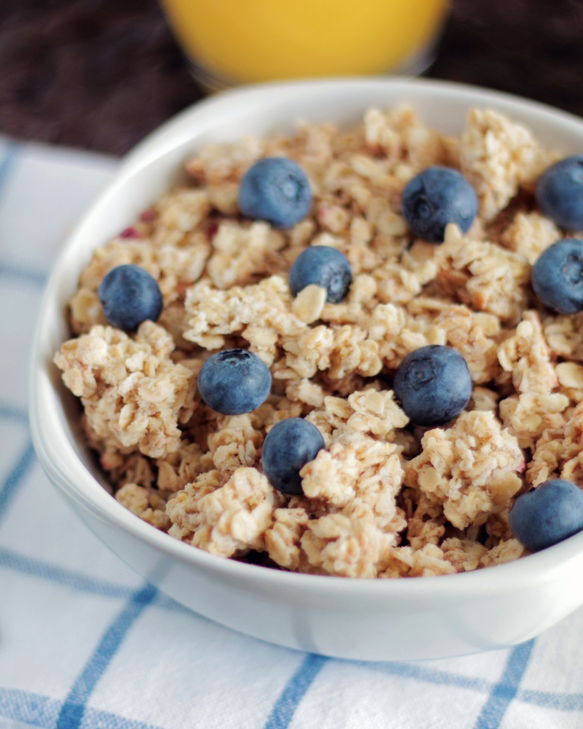 Bowl of high protein cereal with some blueberries in it. 