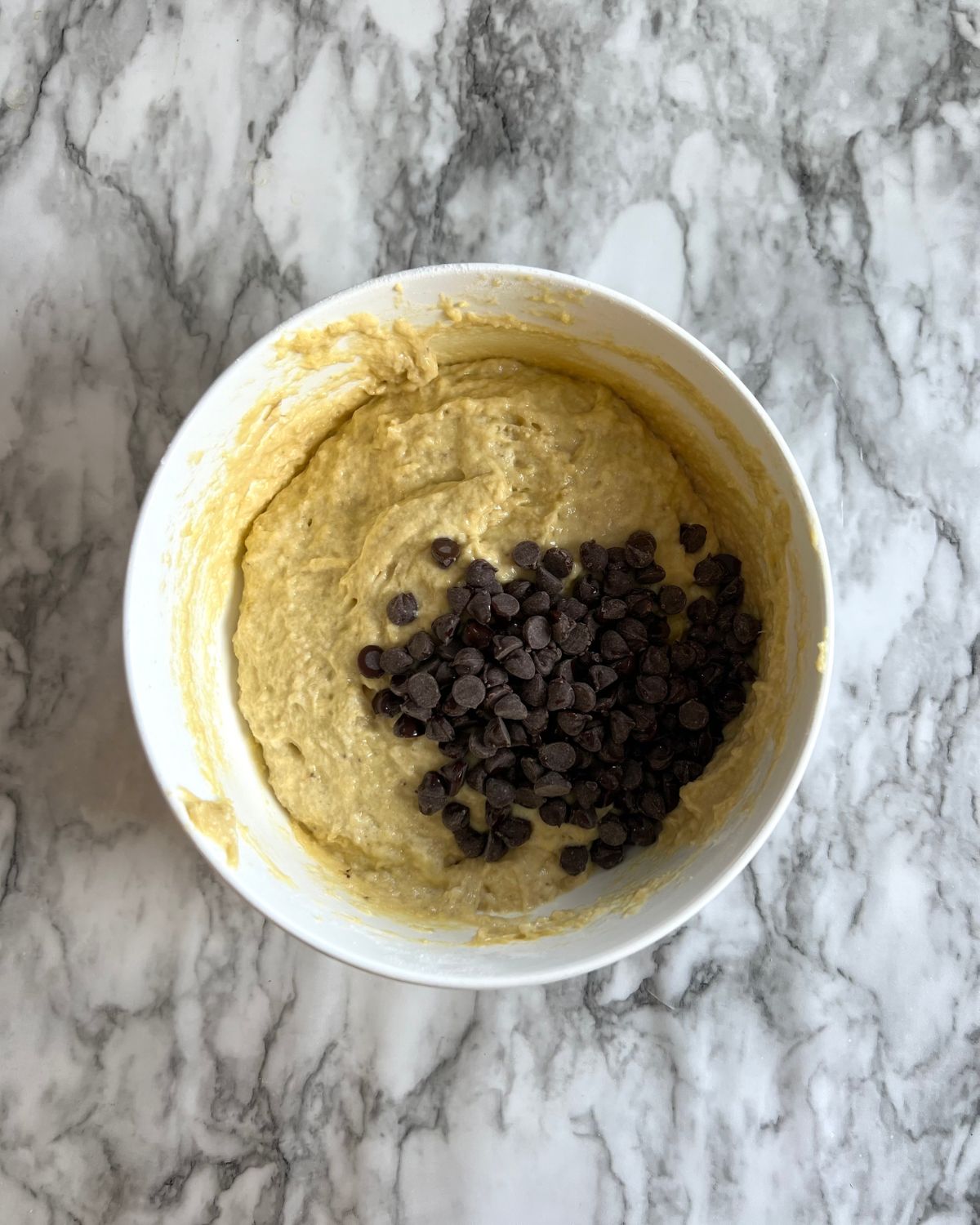 chocolate chips added to bowl 