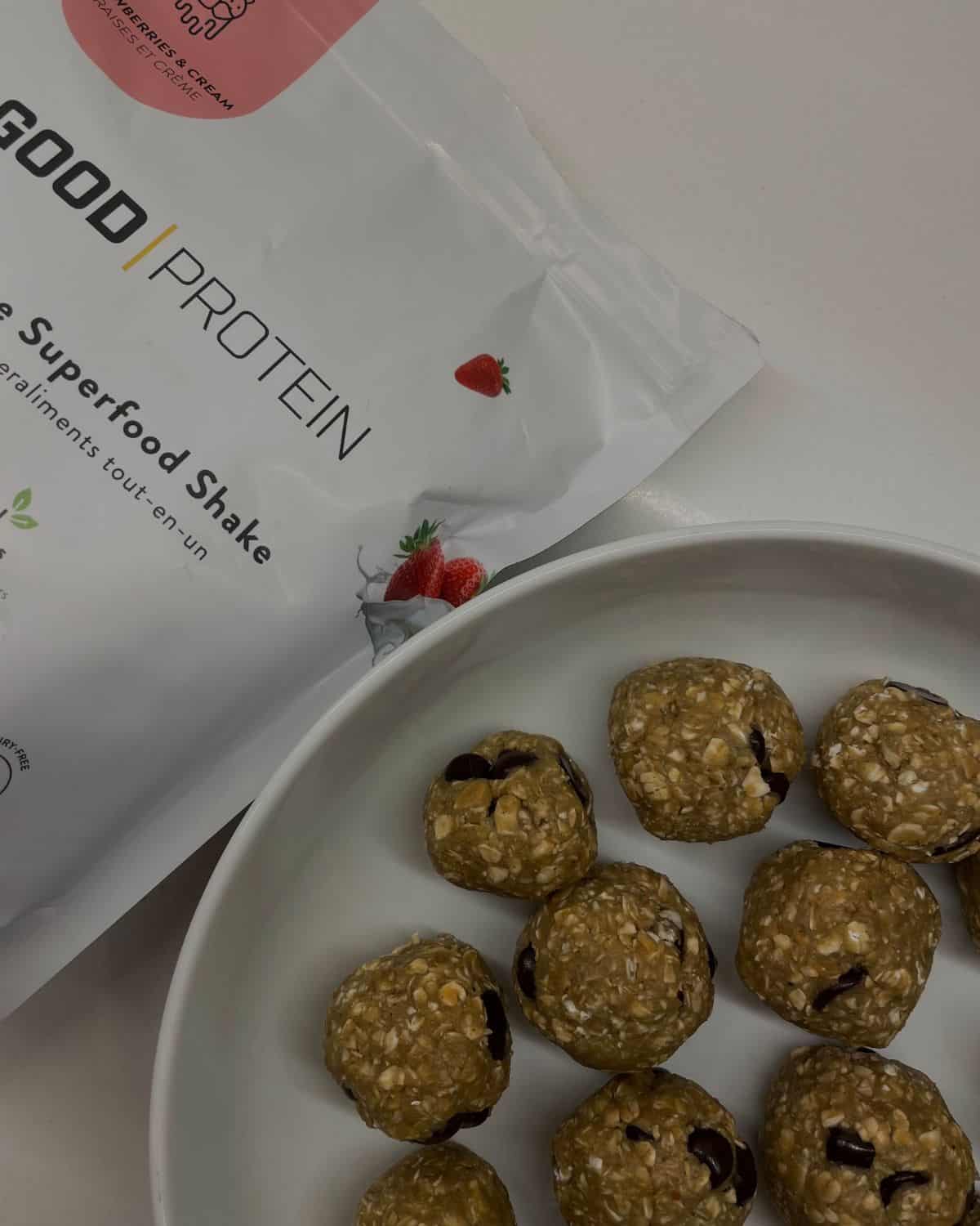 over head plate of protein balls with protein package in the side 