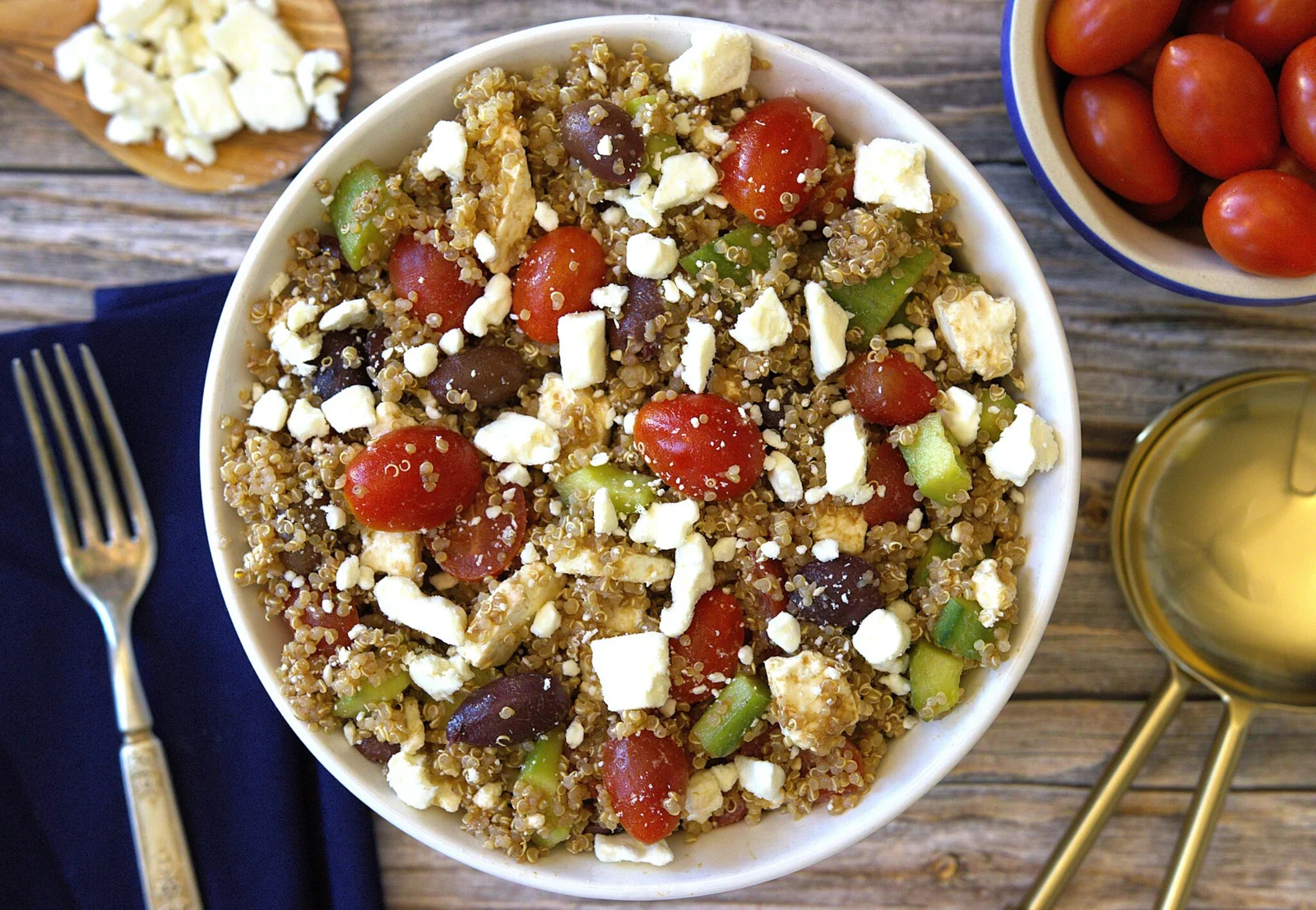 quinoa greek salad in bowl 