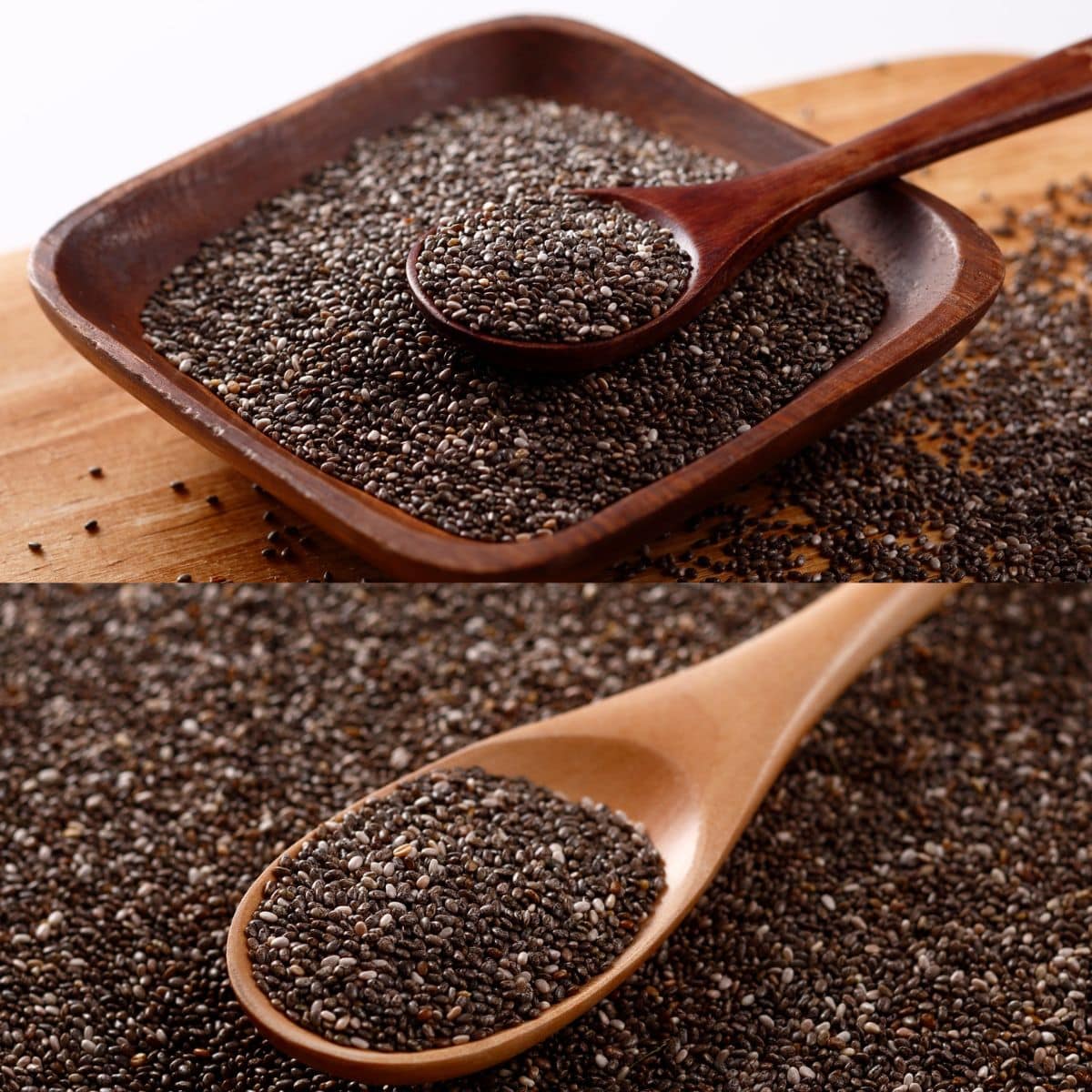 basil seed on top in bowl with spoon and chia seed on bottom half with wooden spoon