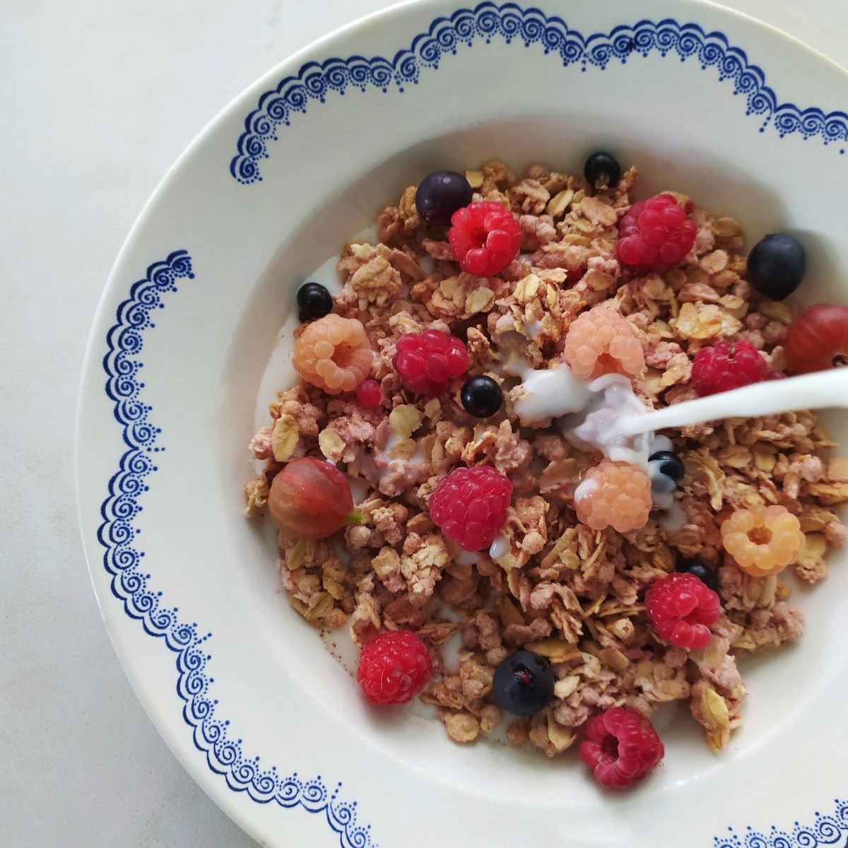 cereal in bowl with added nuts and seeds and from fruit